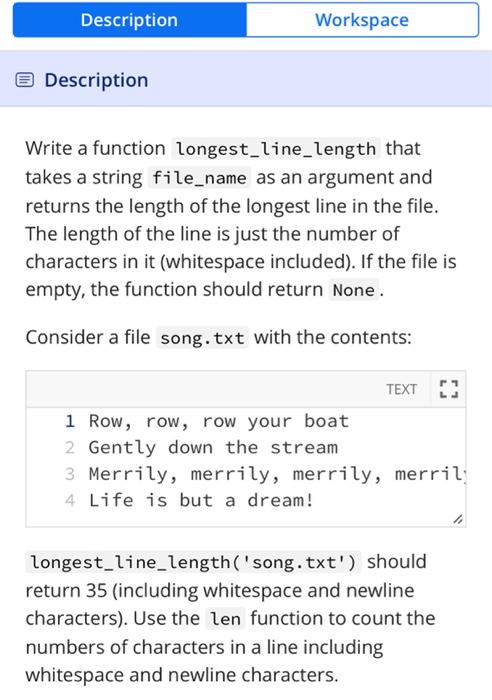 Python / Data Programming Description: Problem/Code: Description Workspace Description Write a function