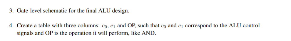  Gate-level schematic for the final ALU design. Create a table with