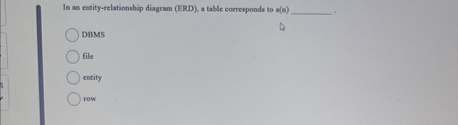  In an entity-relationship diagram (ERD), a table corresponds to a(n) DBMS