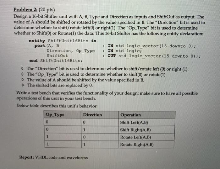please provide VHDL code, The Testbench and the waveform Problem 2: (20