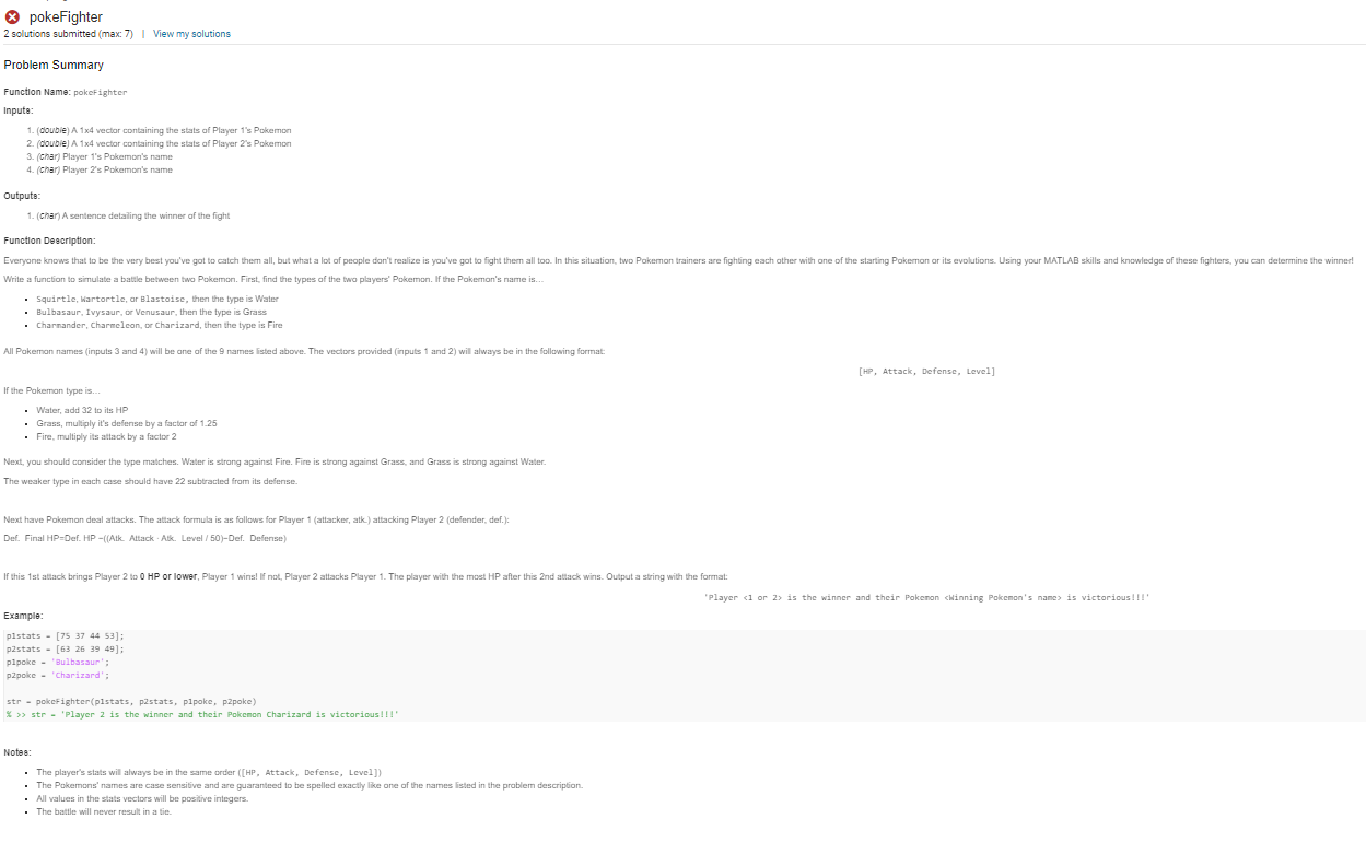 matlab no iterations Problem Summary Function Name: pokoFighter Inputa: 1. (doubie) A.