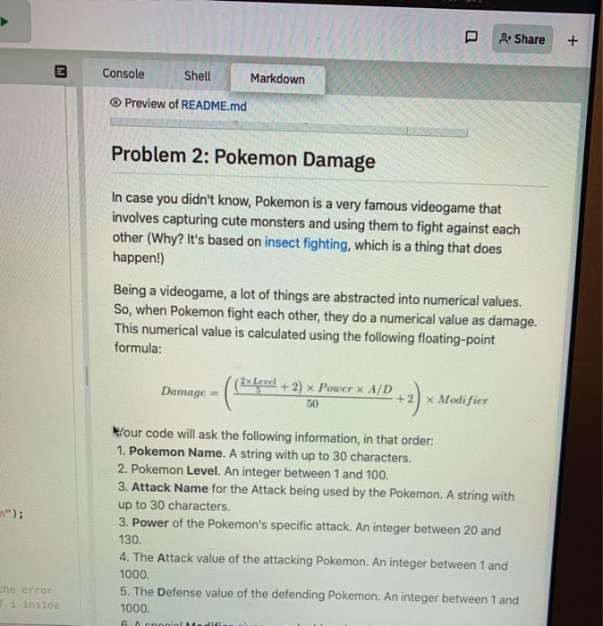 } else if(opt - 2) { . Problem 2: Pokemon Damage 1