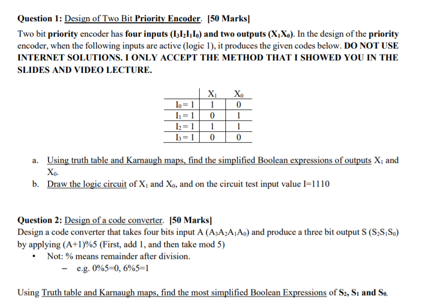 Question 1: Design of Two Bit Priority Encoder. (50 Marks) Two