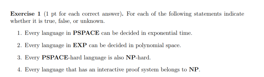  Exercise 1 (1 pt for each correct answer). For each of