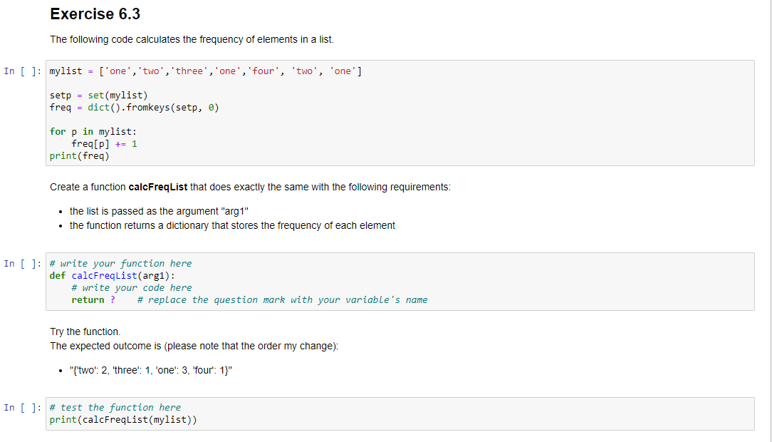 Python, Return a dictionary that strores the frequency of each element. Create