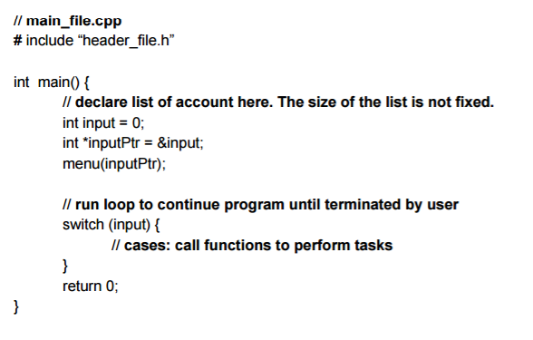 withdraw from an account, delete account, sort the accounts, or do inspection
