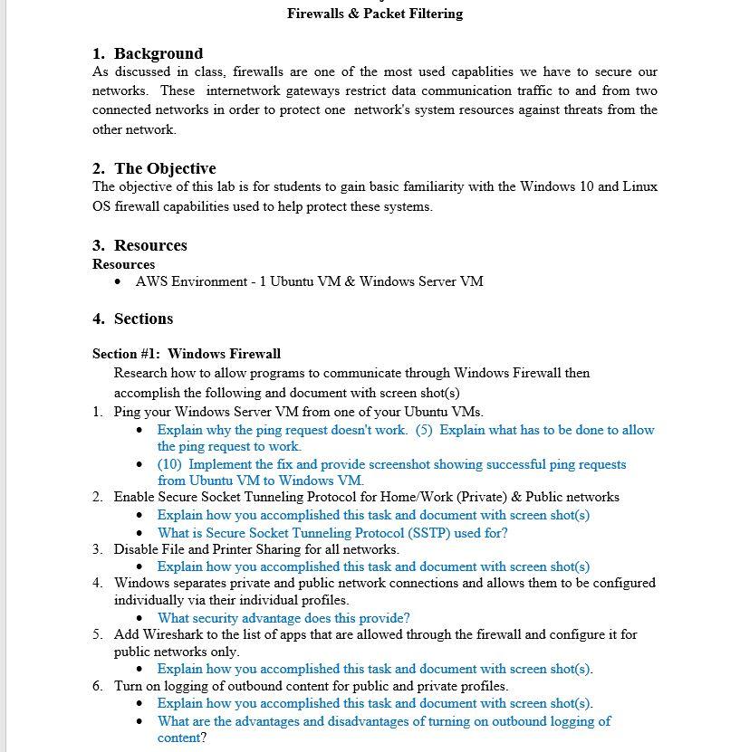 Firewalls & Packet Filtering 1. Background As discussed in class, firewalls