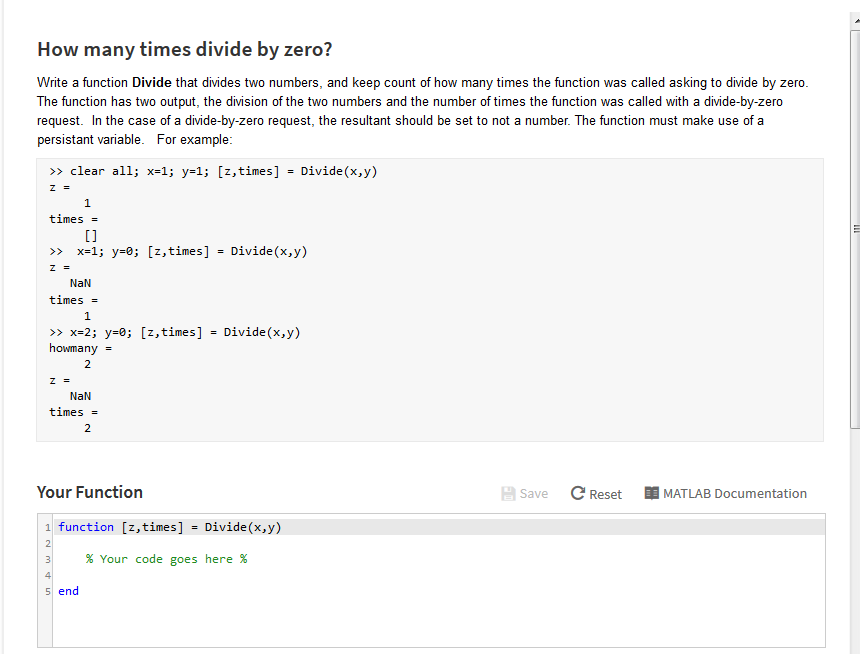 MATLAB will give thumbs up if code functions How many times divide