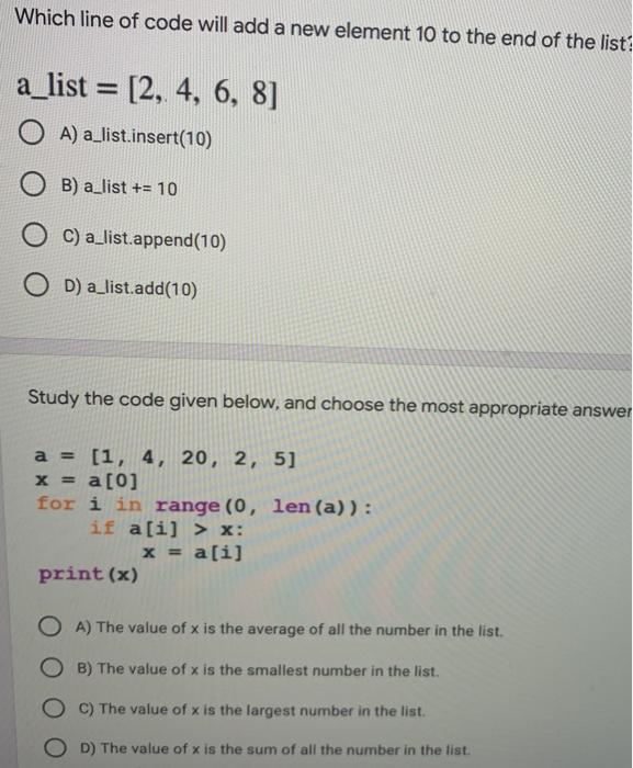  Which line of code will add a new element 10 to