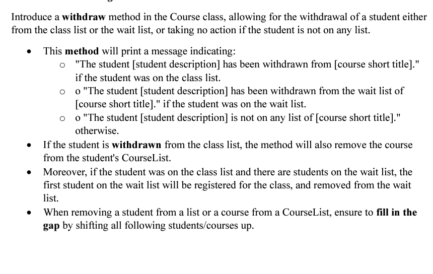  Introduce a withdraw method in the Course class, allowing for the