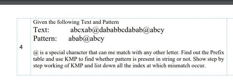 Given the following Text and Pattern Text: abcxab@dababbcdabab@abcy Pattern: abab@abcy 4