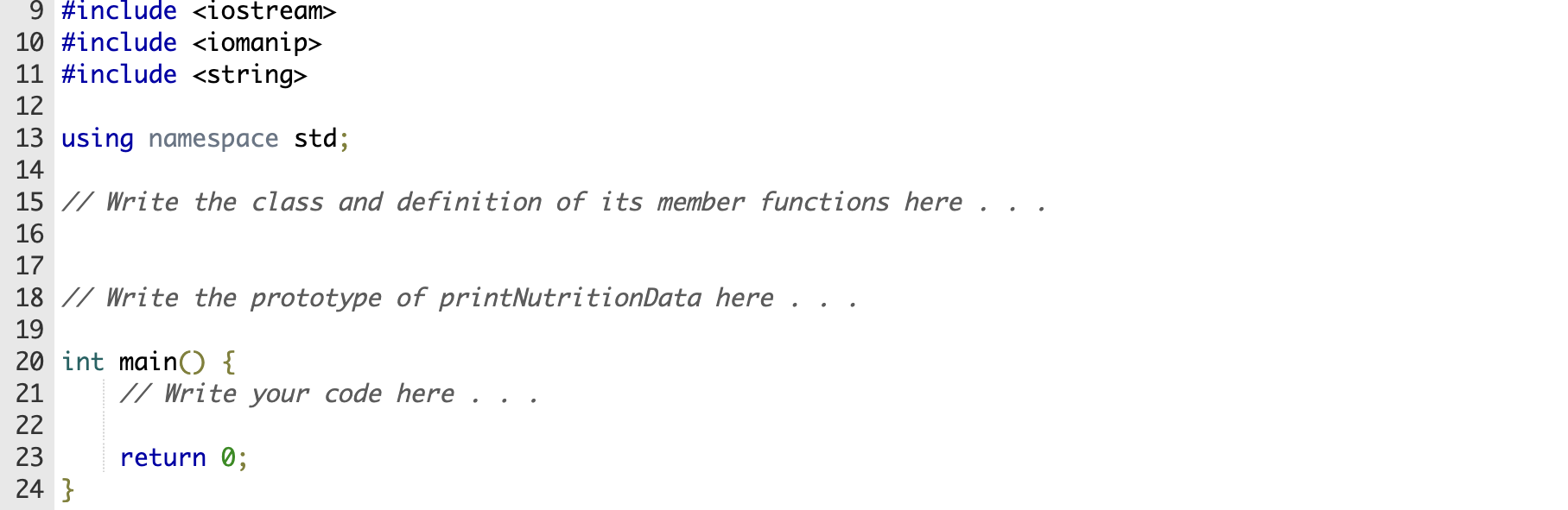 class/struct named NutritionData that contains these private fields foodName (string) servingSize (int)