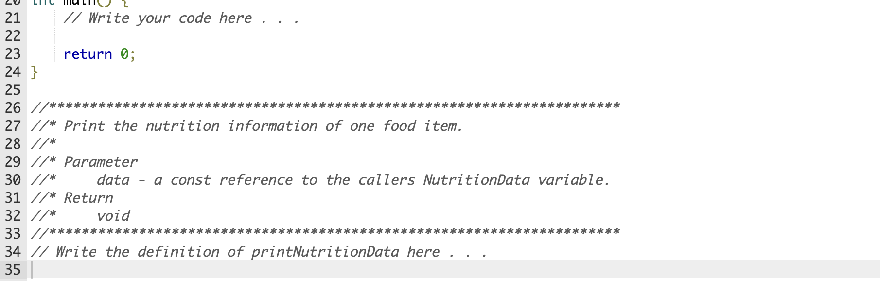 calFromCarb (double) calFromFat (double) calFromProtein (double) Use the data types in parentheses
