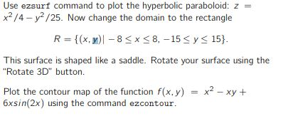 Please help me solve this using MATLAB code. THanks Use ezsurf command