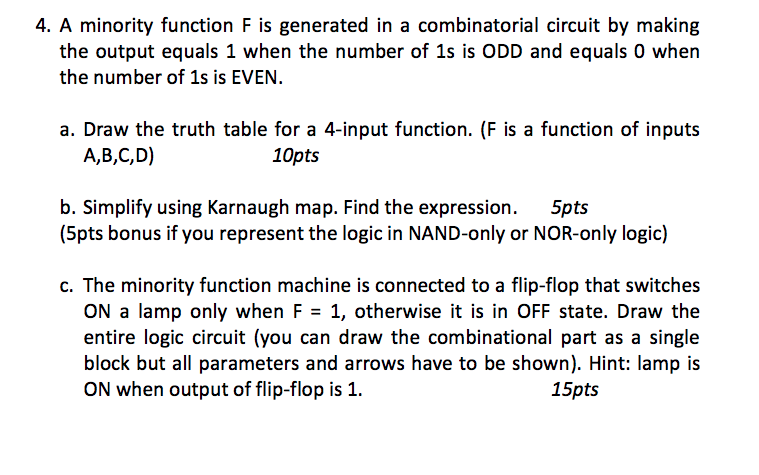  4. A minority function F is generated in a combinatorial circuit