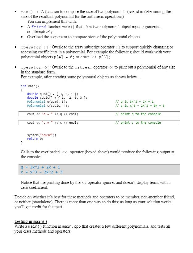 the class should the following arithmetic operations on polynomials: addition, subtraction, and