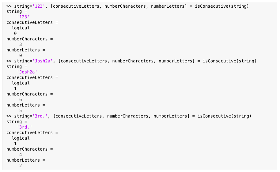  MATLAB Are the letters consecutive? Write a Boolean function isConsecutive that