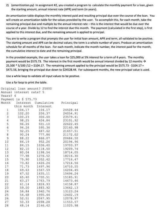 PYTHON 2) (amoritization.py) In assignment #2, you created a program to calculate
