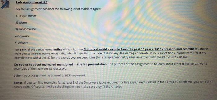  please don't use WannaCry as an example Lab Assignment #2 For