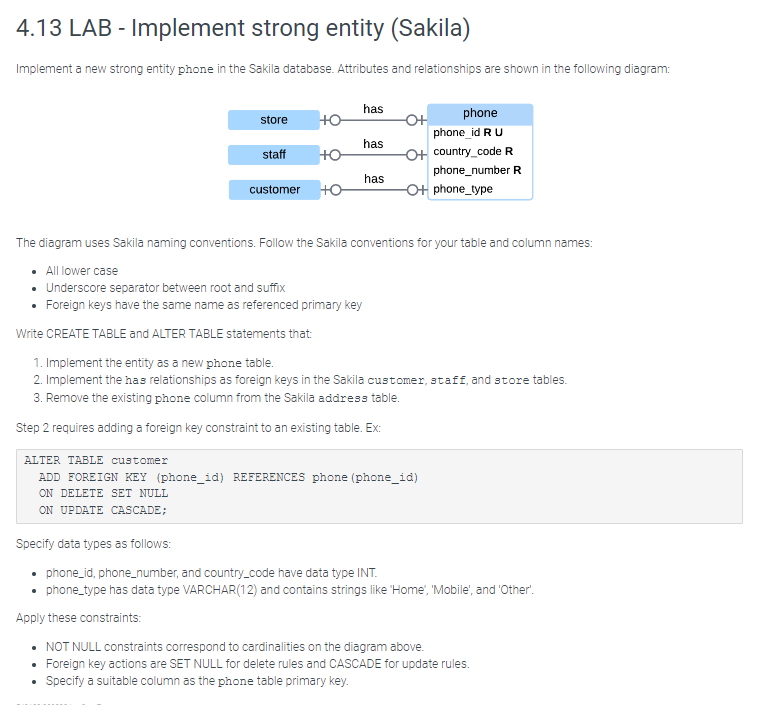  4.13 LAB - Implement strong entity (Sakila) Implement a new strong