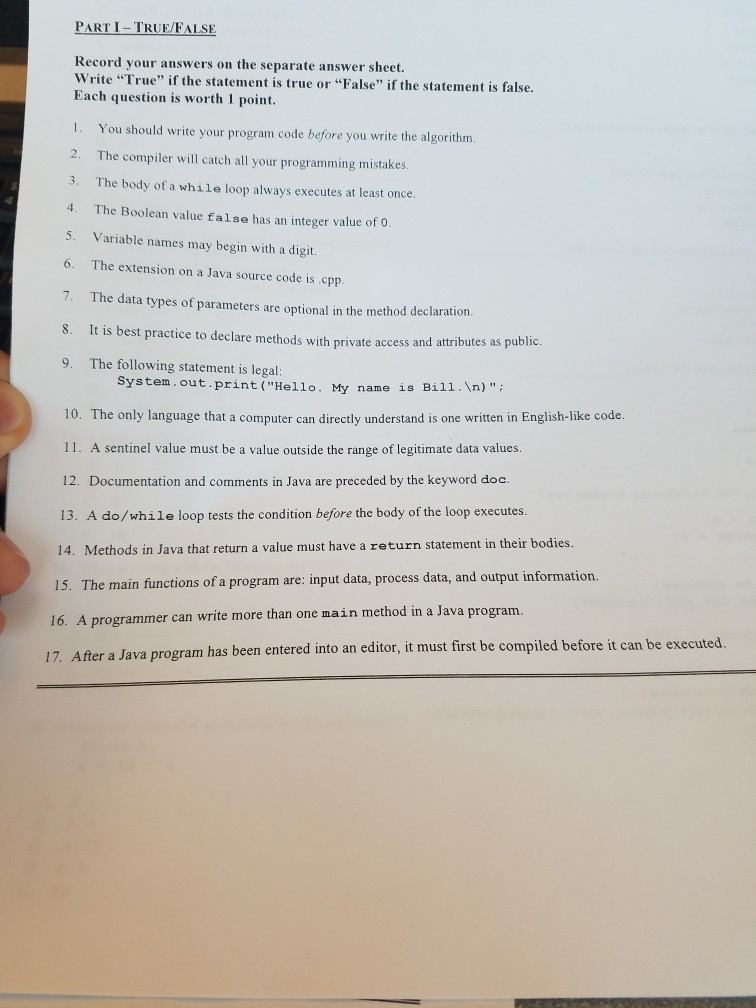  PARTI-TRUE/FALSE Record your answers on the separate answer sheet. Write "True"