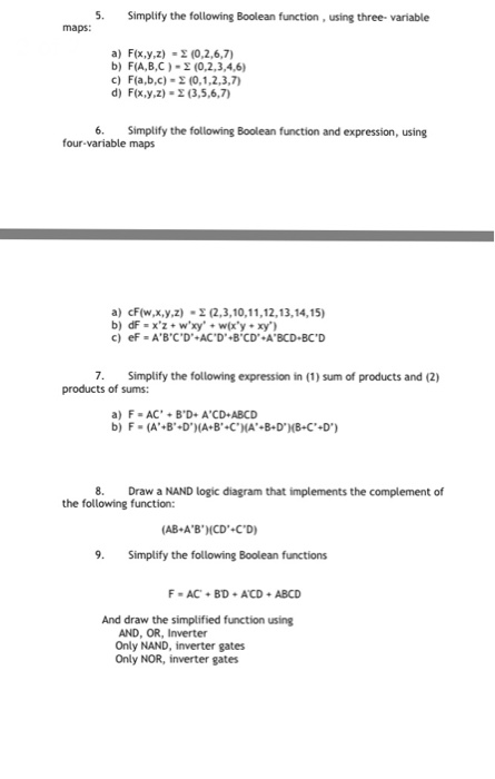  Need help with 5-7 Simplify the following Boolean function, using three-variable