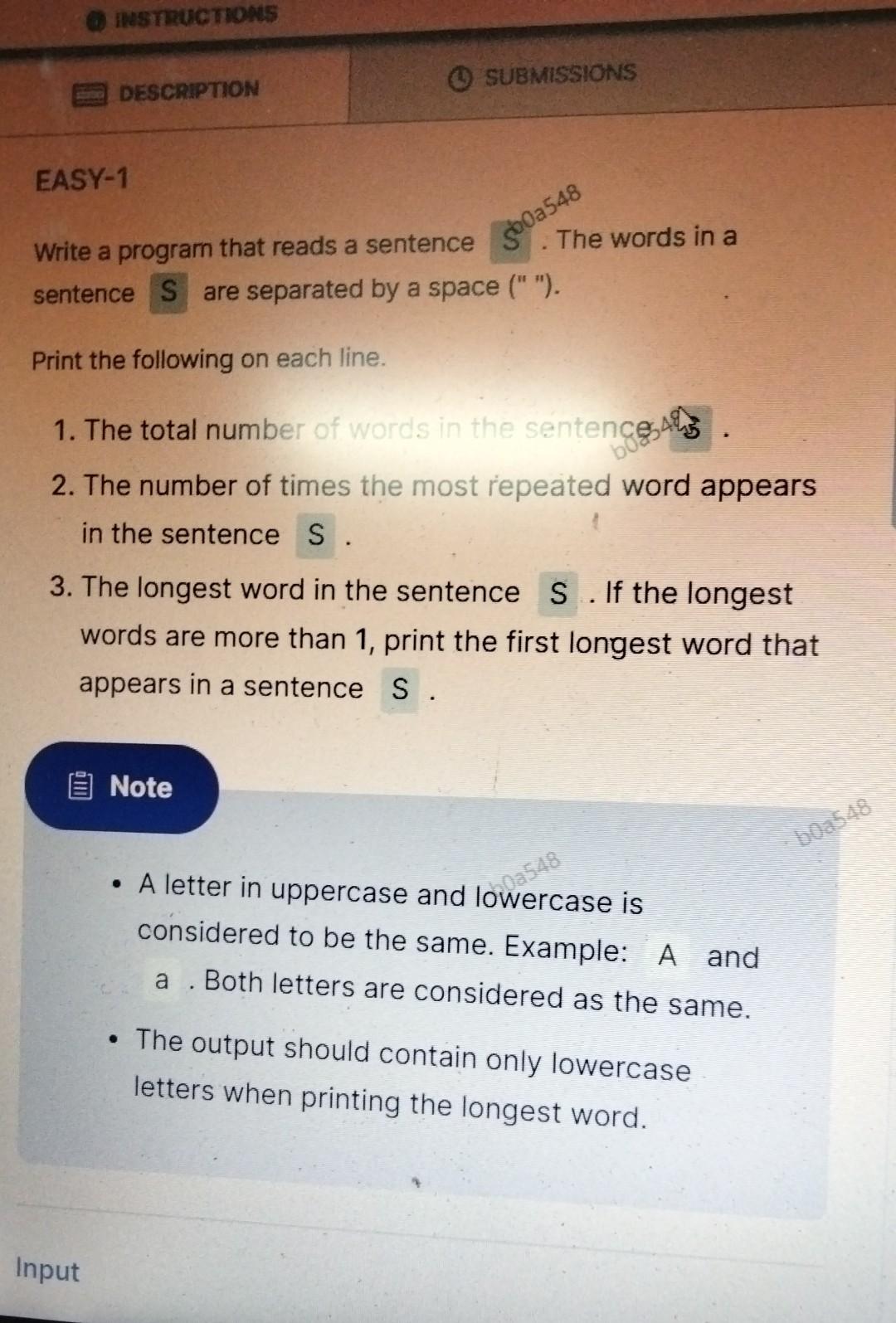  EASY-1 Write a program that reads a sentence The words in