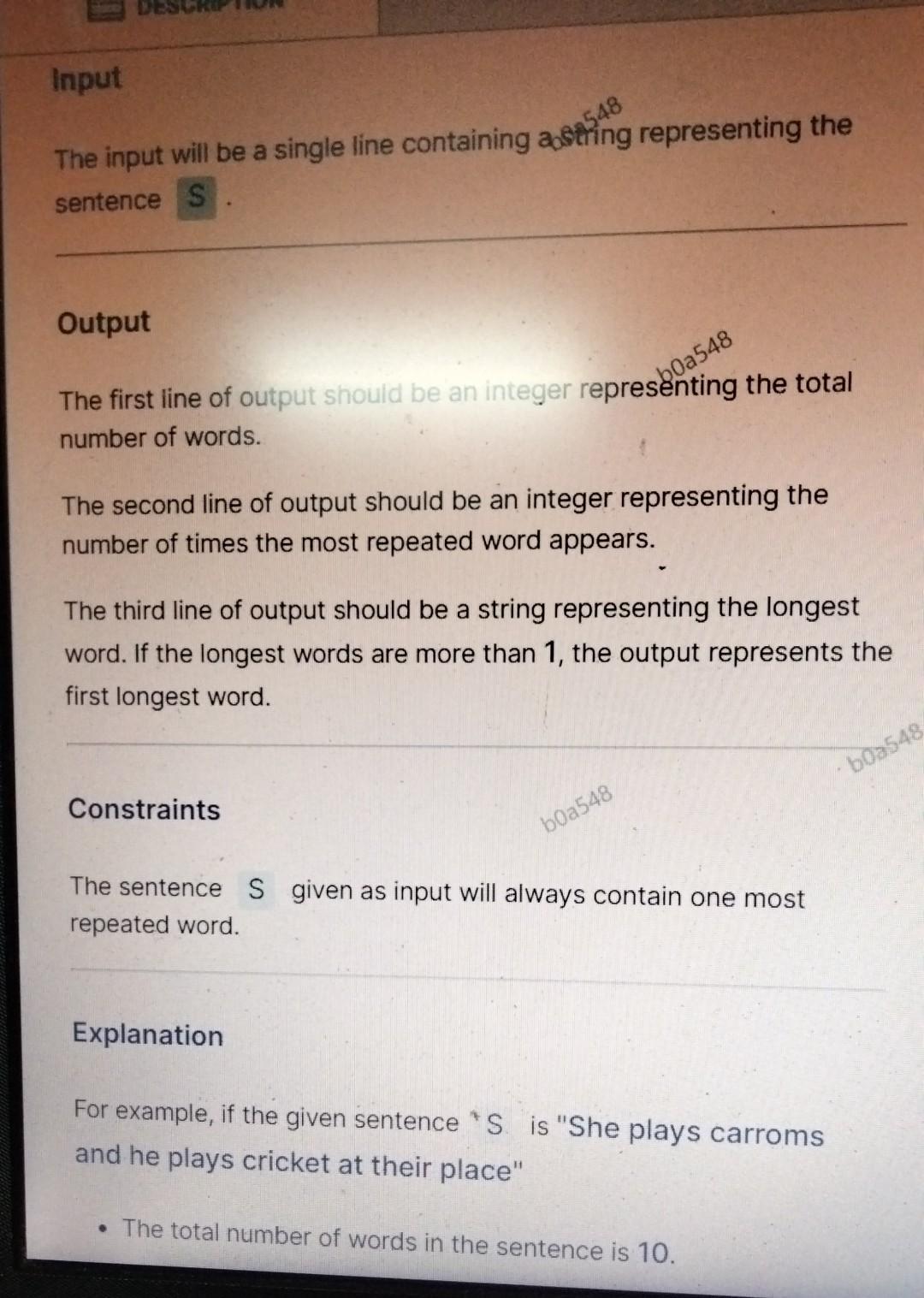 a sentence are separated by a space (" "). Print the following