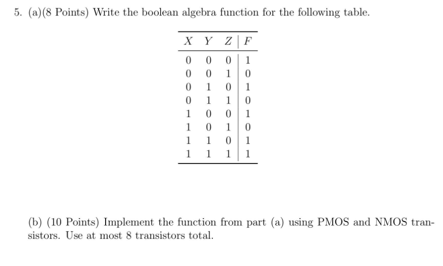  (a)(8 Points) Write the boolean algebra function for the following table.