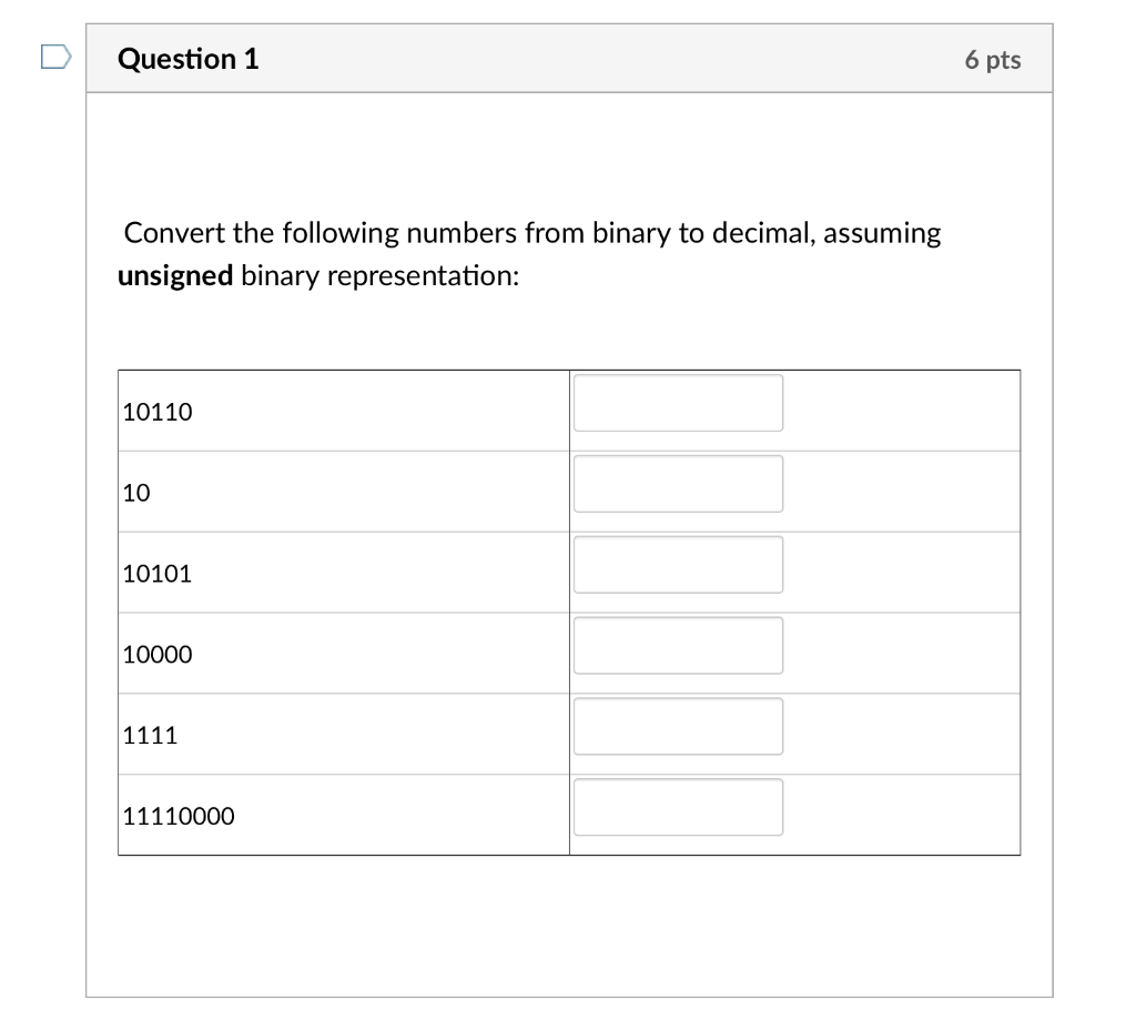  Question 1 6 pts Convert the following numbers from binary to