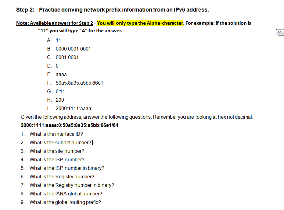  Step 2: Practice deriving network prefix information from an IPv6 address.