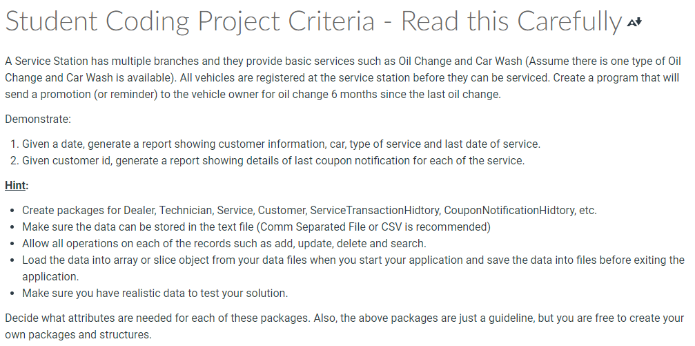In GO Programming Language Student Coding Project Criteria - Read this Carefully