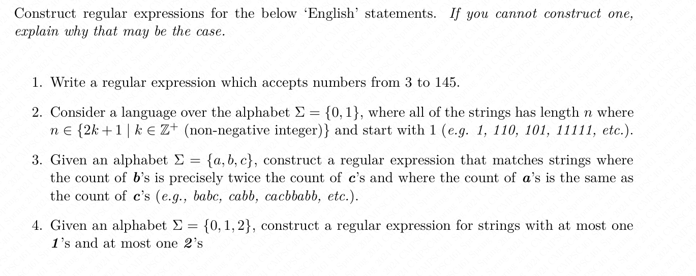  Construct regular expressions for the below 'English' statements. If you cannot