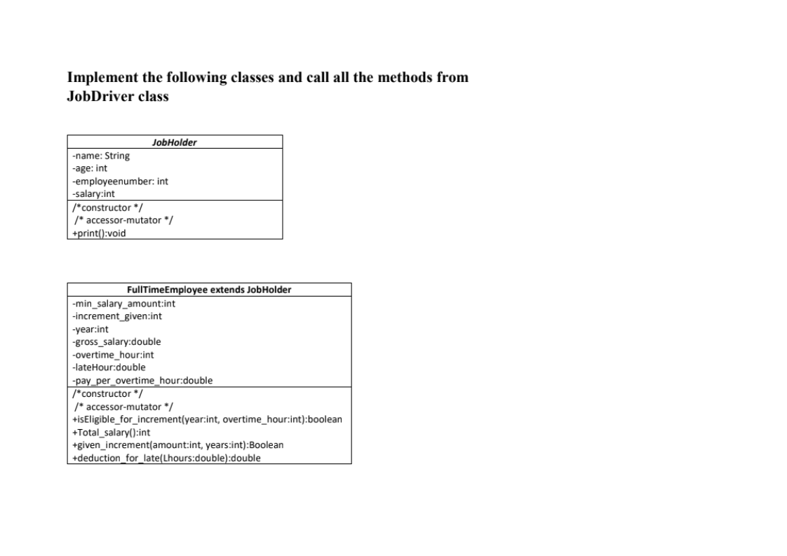 Solve the problem using java Implement the following classes and call all