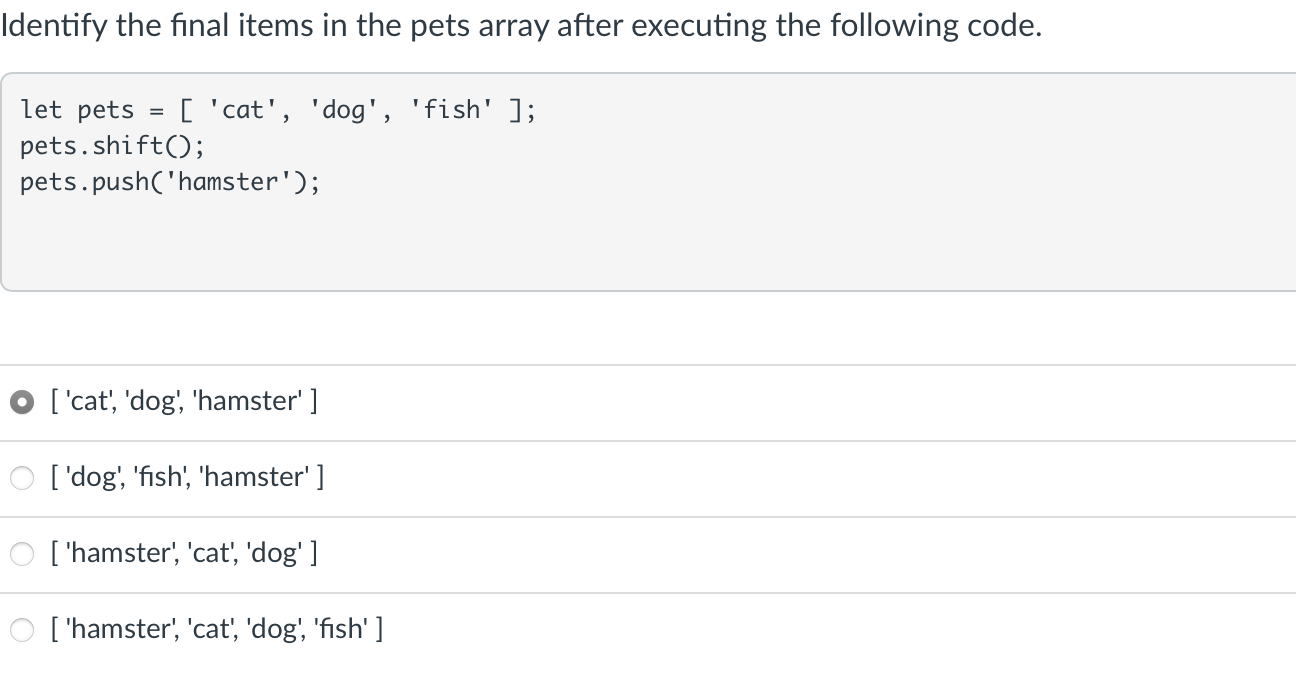  Identify the final items in the pets array after executing the