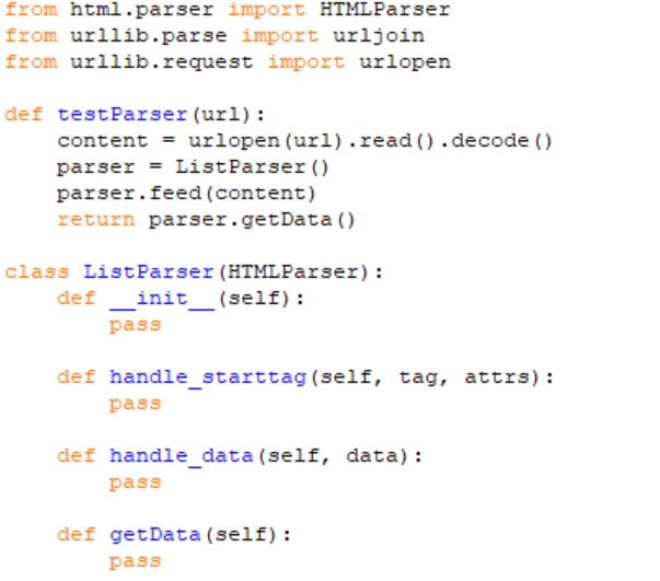 subclass of the HTMLParser class. It will find and collect the contents