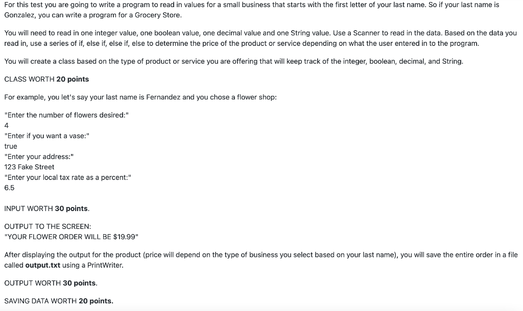 (Code in Java) Last name begins with B. For this test you