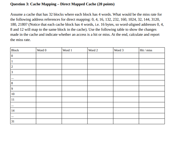  COMPUTER architecture question Question 3: Cache Mapping - Direct Mapped Cache