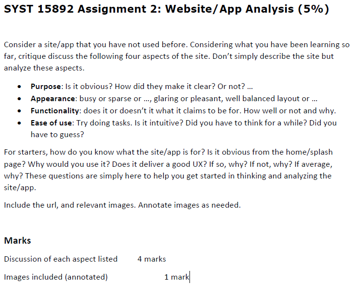 Assignment 2: Website/App Analysis (5%) Consider a site/app that you have not