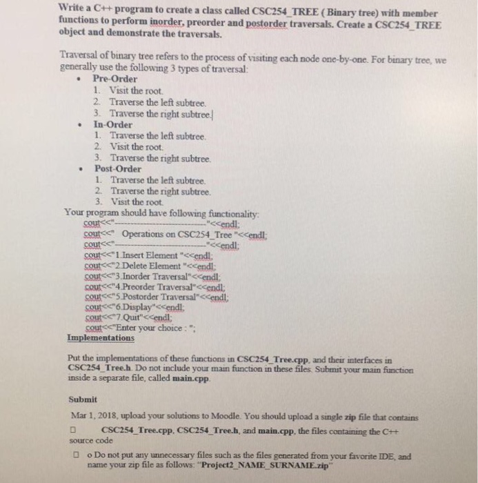  Write a C++ program to create a class called CSC254 TREE