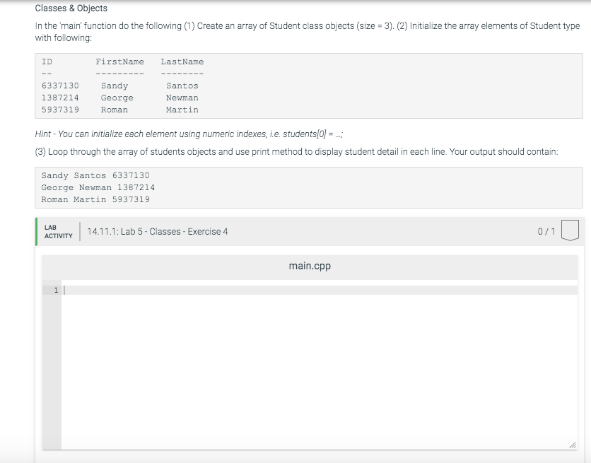 C++ Classes & Objects In the 'main' function do the following (1)