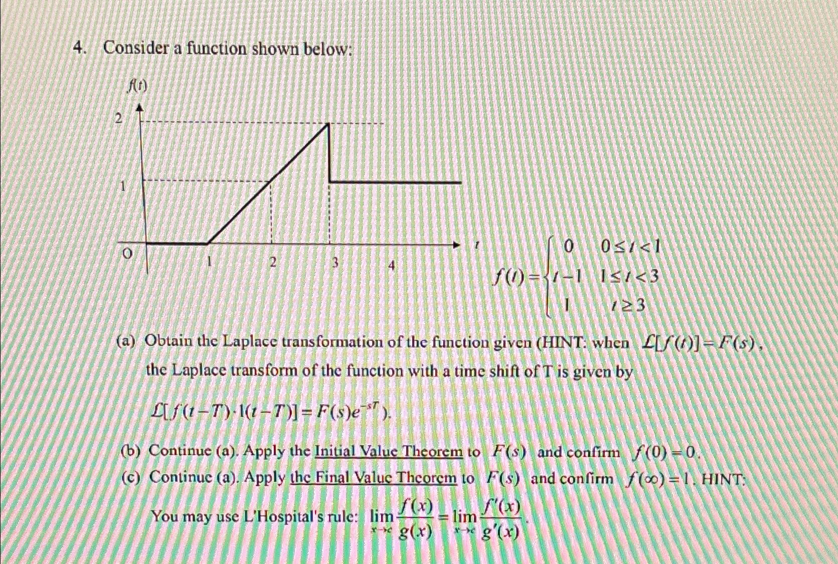  Consider a function shown below:\ f(t)={(0,0=3):}\ (a) Obtain the Laplace transformation