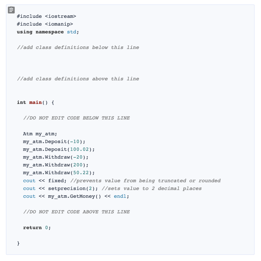 class which represents a money deposit and withdrawal system. Given Code Requirements