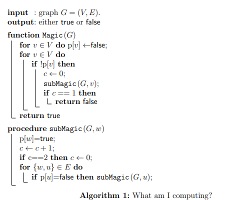 The algorithm takes a graph as an input and outputs either true