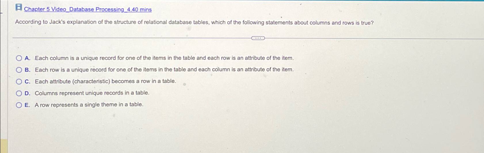  Chapter 5 Video_Database Processing_4.40mins According to Jack's explanation of the structure