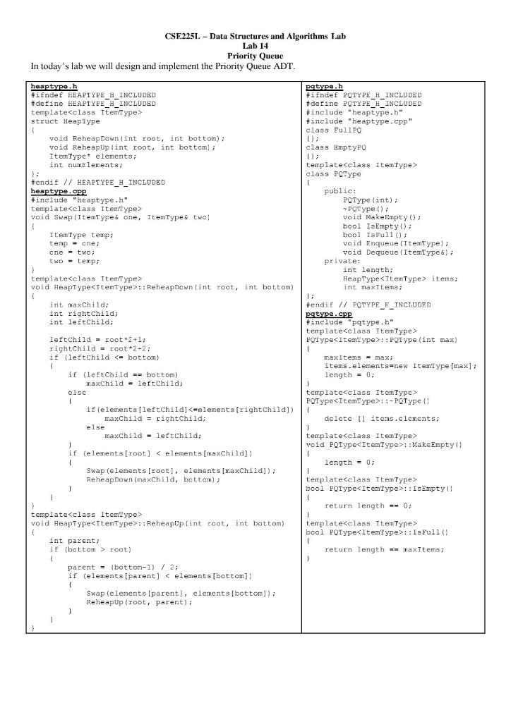  CSE2251. - Data Structures and Algorithms Lab Lab 14 Priority Queue