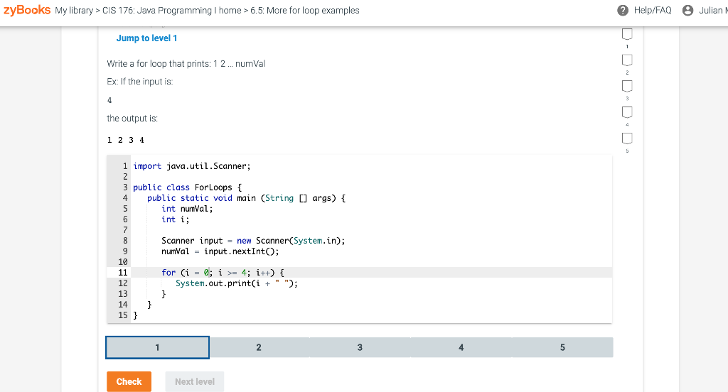 Write a for loop that prints: 1 2 numVal Ex: If the
