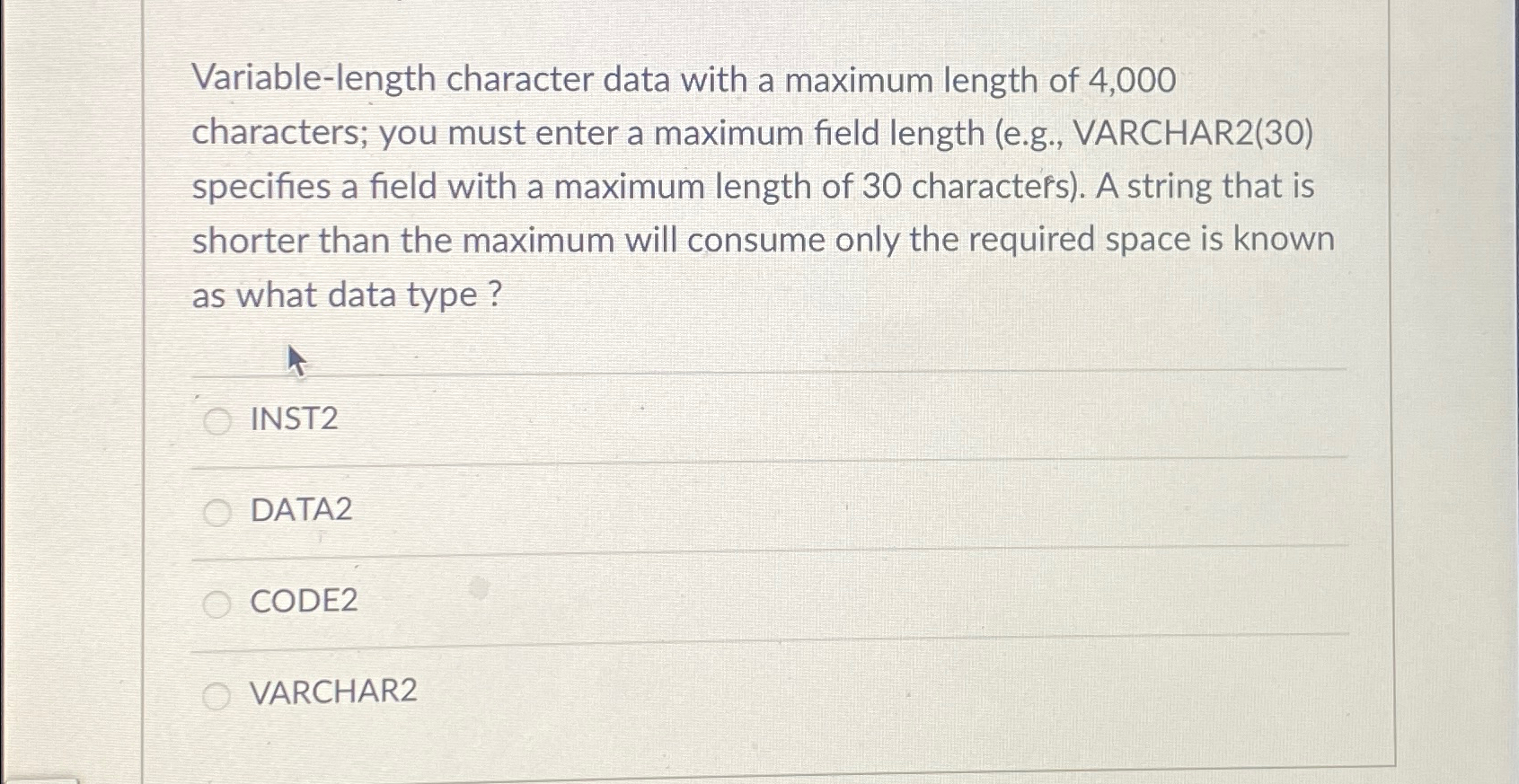  Variable-length character data with a maximum length of 4,000 characters; you