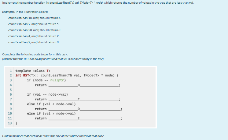  Implement the member function int countless Than/T & val, TNode* node),
