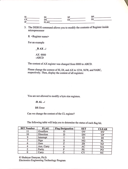  BP DI SP FLAG 3. The DEBUG command allows you to